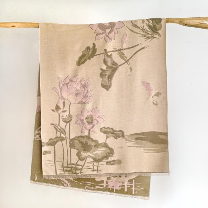 Imitation cashmere ink painting lotus scarf women's new warm simple autumn and winter double-sided thickened scarf