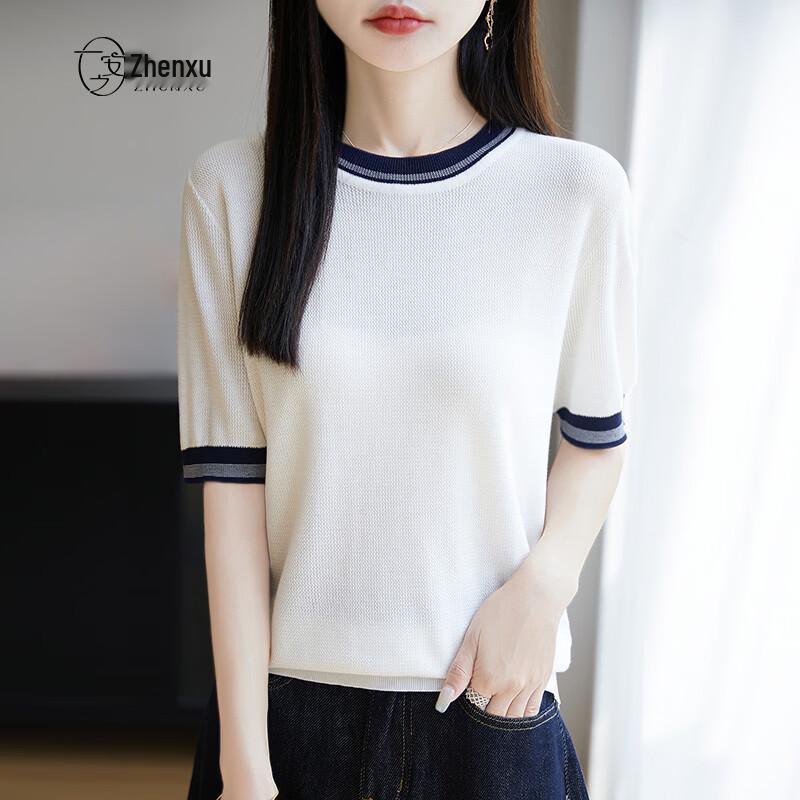 Women's Lyocell-Cotton Blend Silk Knit Color-Block Short Sleeve T-Shirt