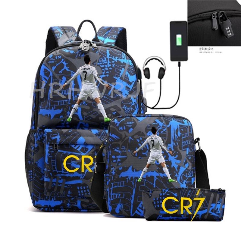 Sports Casual CR7 Backpacks 3pcs Simple Lightweight Capacity Teens Laptop School Bags Women Men Travel USB An-ti Lock Mochilas