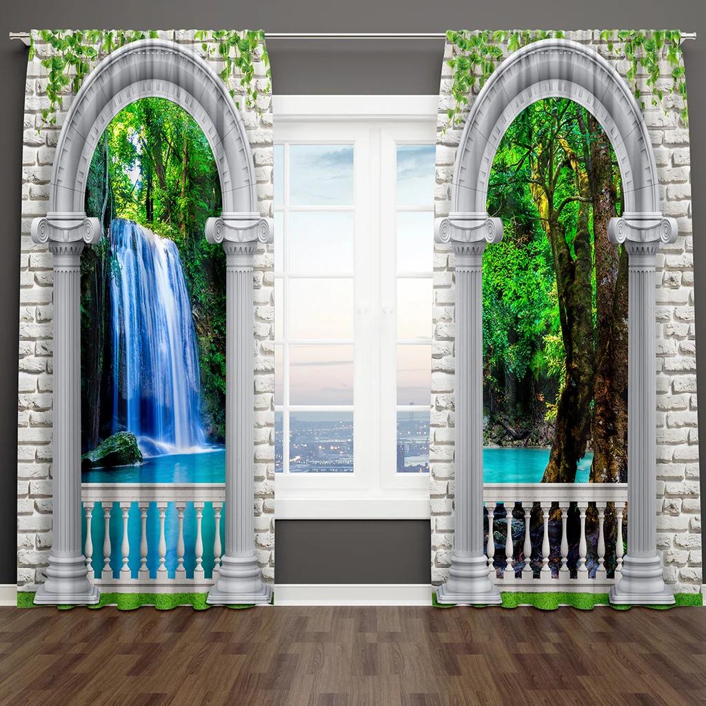 3D Print Blue Beach Sea and Natural Forest Drapes Window Curtain Bedroom Decorative Curtain 2 Panel for Living Room