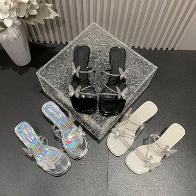 Fashion Butterfly-Knot Square Toe Glitter Slides Women's Sandals Slipers Women Transparent Fashion Low Heel Heeled Mules