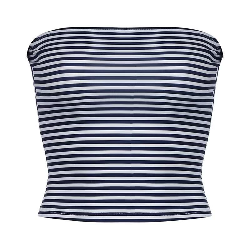 Simple style ins blue and white stripes basic versatile tube top American hot girl sexy backless slim slim and thin chest wrapping woman