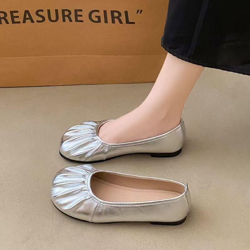 

New Four Seasons Mary Jane pleated shallow mouth single shoes women s soft flats one-pedal shoes 35 серебряный