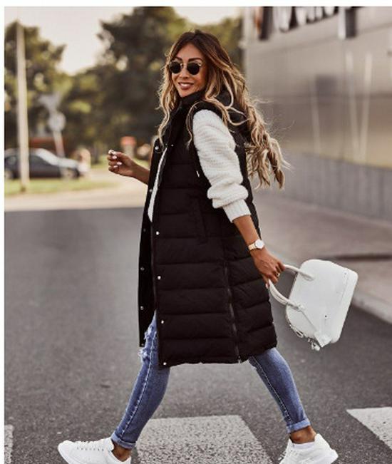 2021Wish European & American Solid Color Hooded Single-Breasted Mid-Length Cotton Vest Slim Cardigan Jacket