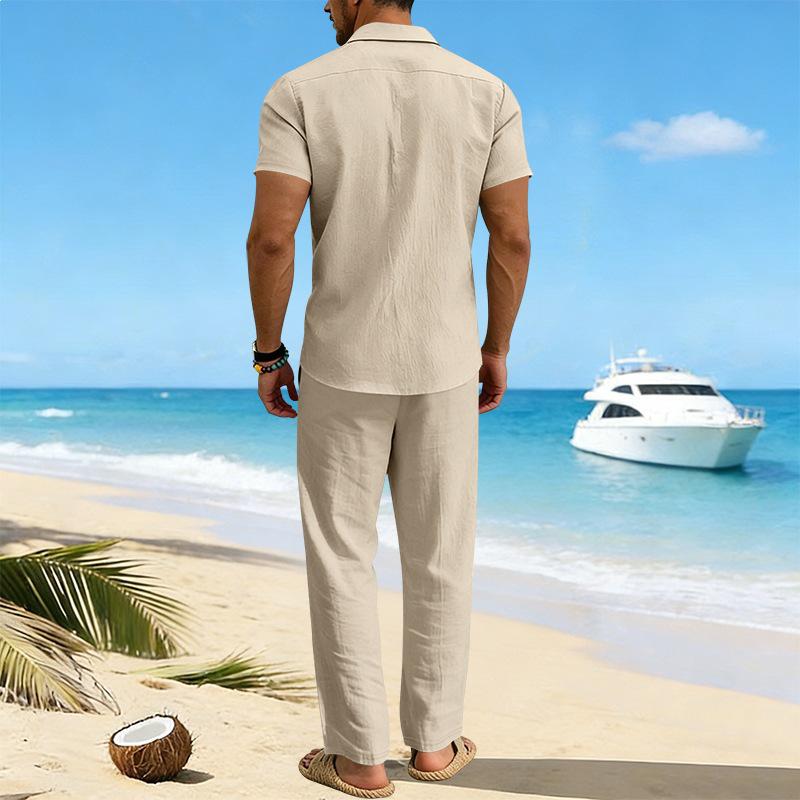 Men's European & American Linen Short Sleeve Shirt and Long Pants Set for Summer
