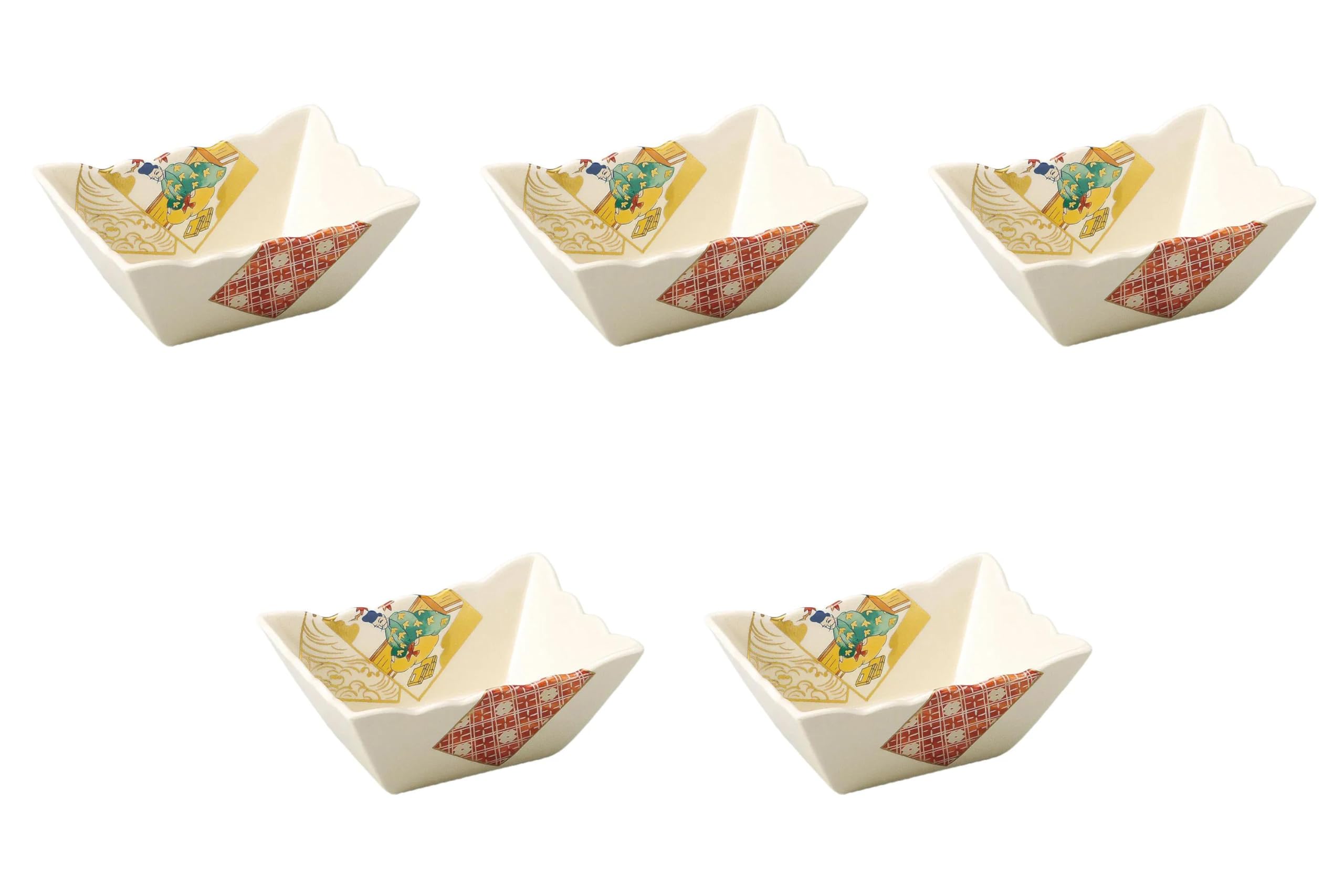 

Set of 5 Long Rectangular Bowls in the Style of Ninsei from the Hyakunin Isshu x x Medium Reinforced Setomonohonpo [13 9.3 5.5 cm] Bowls, Porcelain,