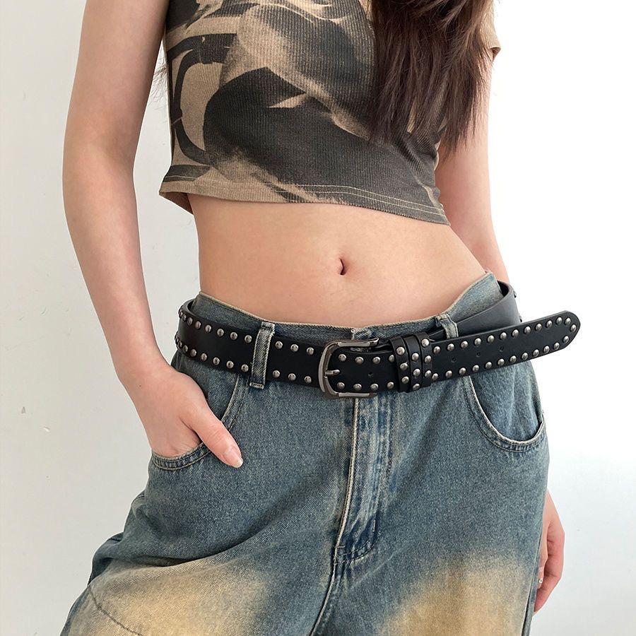 Women's Punk Belt, PU Leather: Vintage Studded Wide Belt Perfect for Jeans, Edgy Belt for Fashion-Forward Women
