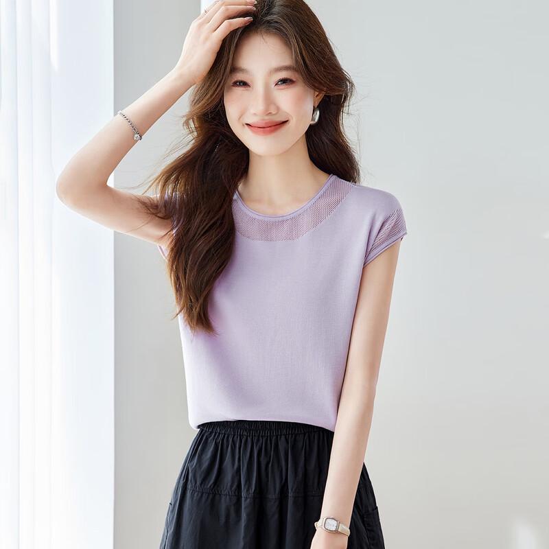 Srcr Women's Short Sleeve Mulberry Silk Blend Lace Knit Top