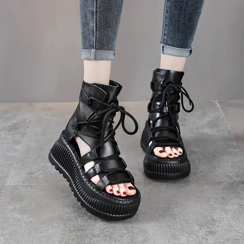 Fashion 8CM Ethnic Cow Genuine Leather Ankle Booties Women Hollow Peep Toe Platform Wedge Breathable Zip Summer Fashion Ladies Shoes