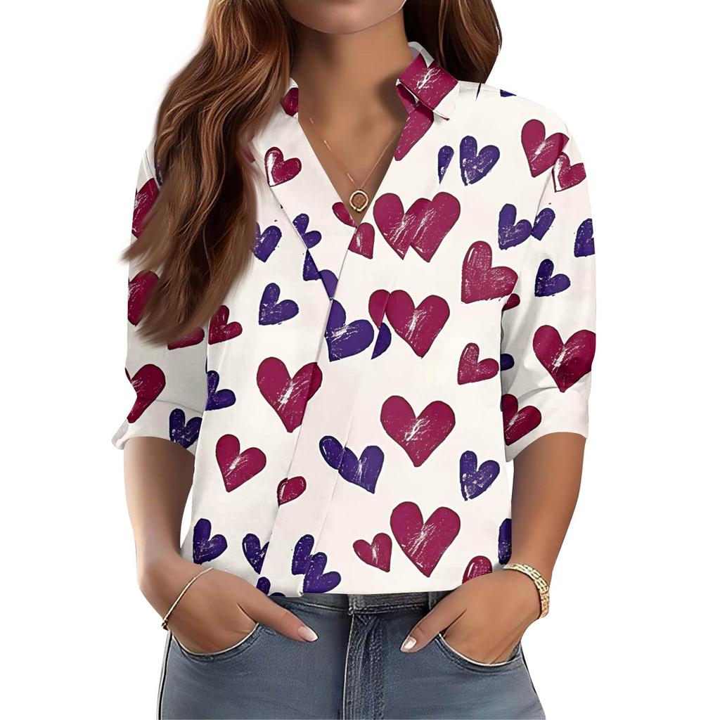Women's 3/4-Sleeve V-Neck Shirt Printed Workwear Casual Regular Shirt Collar Top