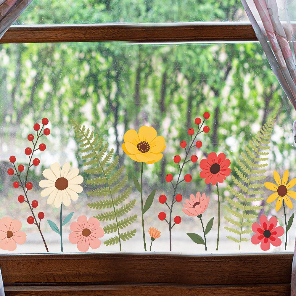 Static Cling Glass Window Stickers Colorful Small Flowers Leaves for Cabinet Shop Window Home Decor