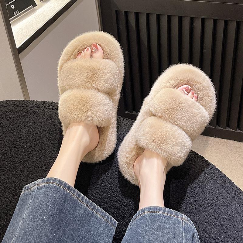 2025 Spring and Autumn New Small Muffin Thick Bottom Heightening Plush Fluffy Cotton Slippers Women Wear Home Fluffy Shoes