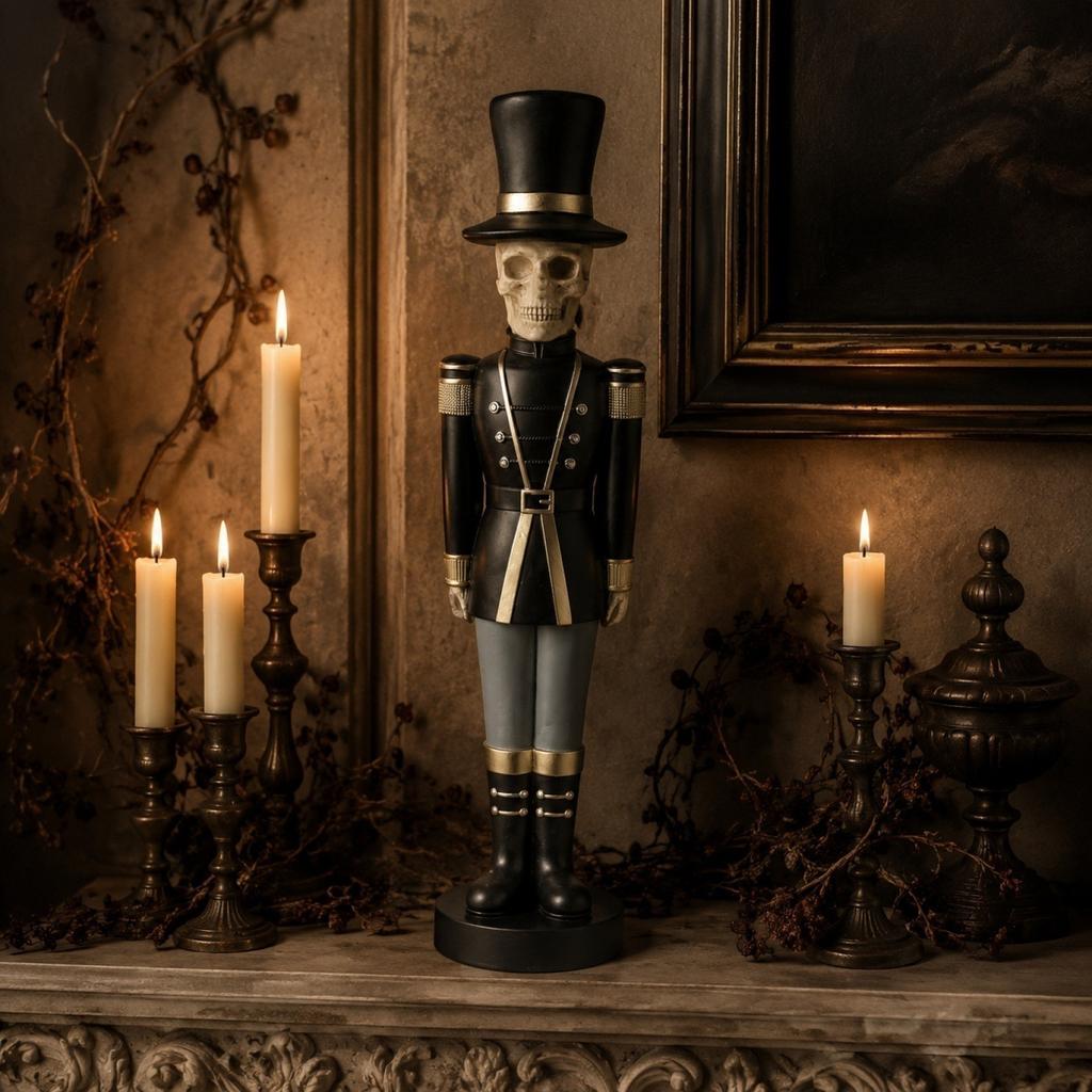 Noccioline Scheletro Statuetta Decorazione di Halloween Statua Soldato in Piedi con Cappello Alto e Uniforme Dettagliata per Esposizione Stagionale