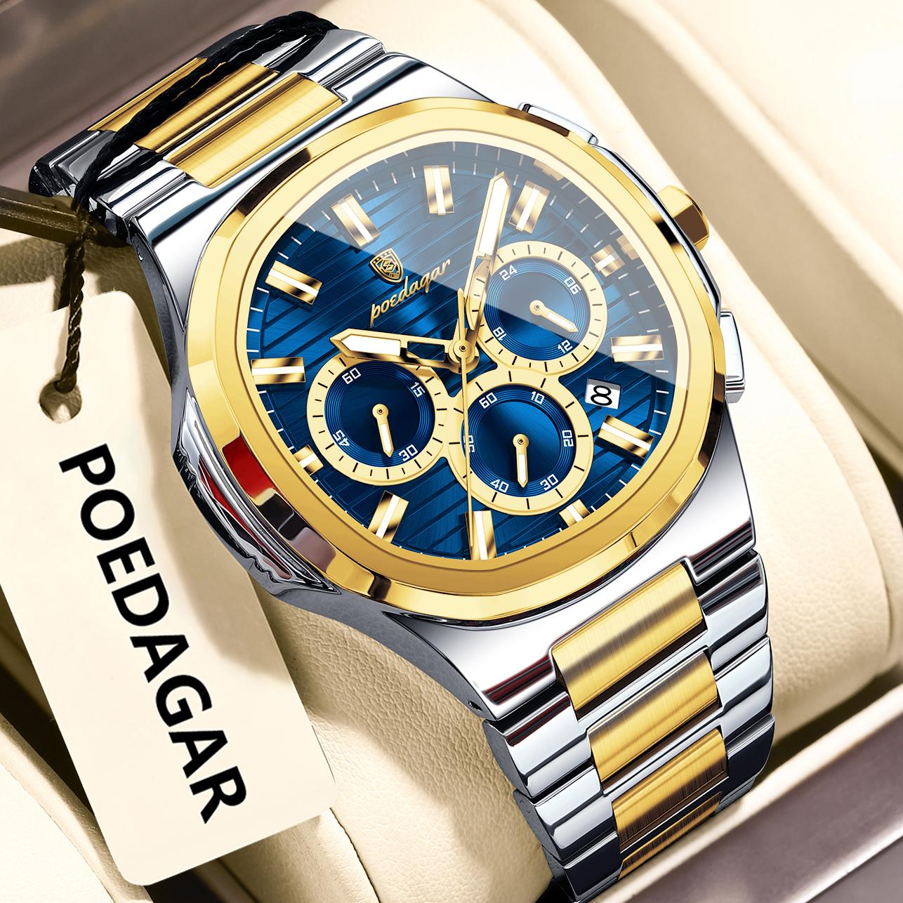 

Luxury Watches For Man Multifunctional Chronograph Date Quartz Men s Clock Business Stainless Steel Gold Watchlino золотий/синій