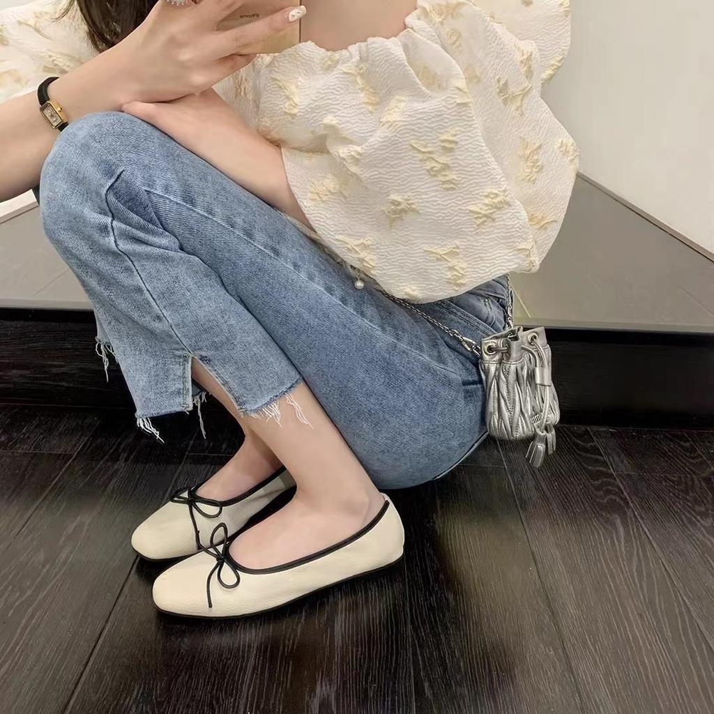 High-end Cowhide Version~ Xiaoxiangfeng Bow Light Mouth Flat-soled Single Shoes Female Soft-soled Fairy Wind Round Head Ballet Shoes