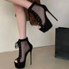 Eilyken New Design Peep Toe Lace-up Women Ankle Boots Sandals Summer Mesh Fabric Thin High Heels Stripper Ladies Shoes
