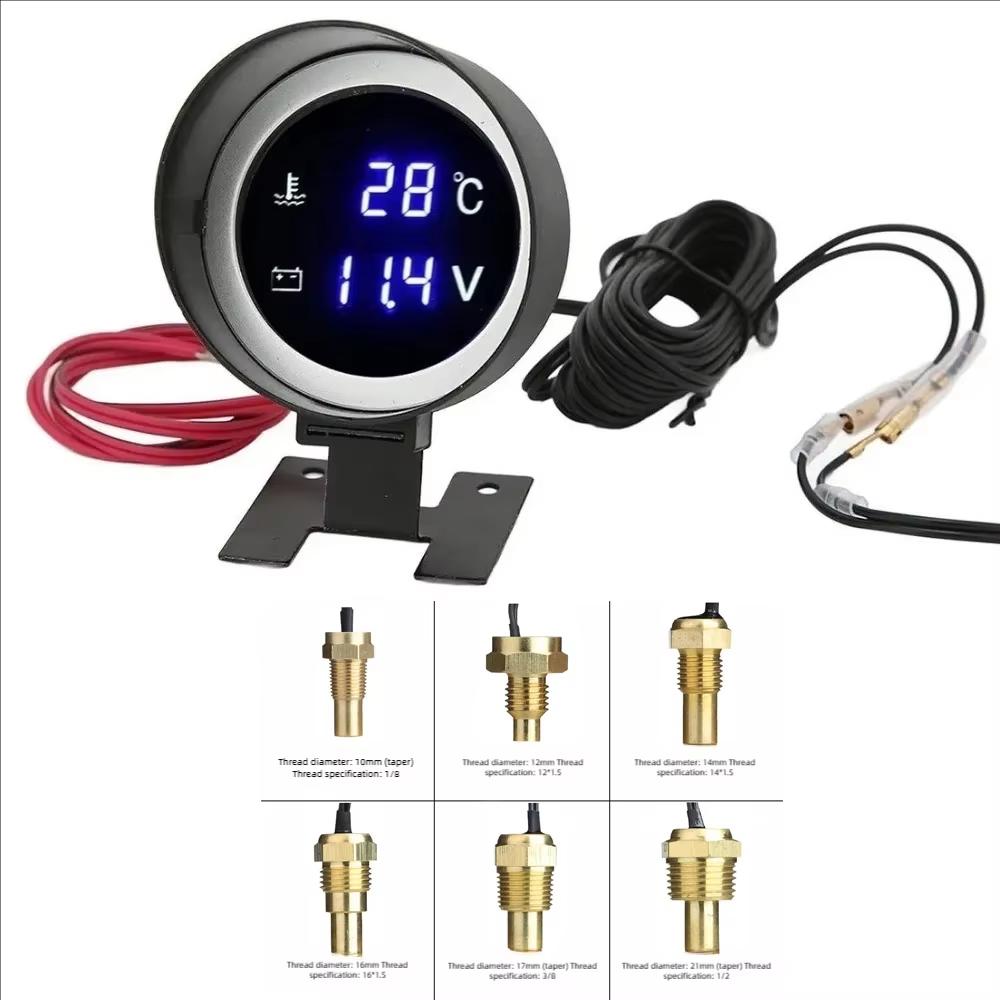 2 in 1 Round LED Water Temp Gauge & Voltmeter with 10mm 1/8 NPT Sensor 26mm-40mm Pipe for 12V/24V Car Truck Motorcycle