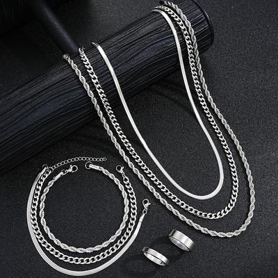 New Simple Stainless Steel Silver Color Jewelry Sets for Men Unisex Punk Vintage Smooth Ring Necklace Bracelet Set Gifts