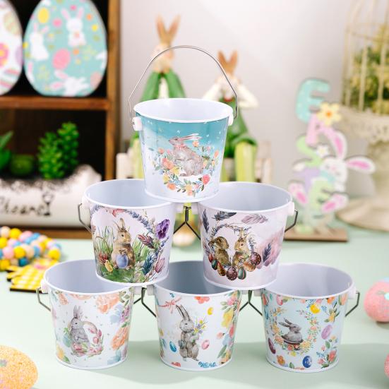 1/2/3/4/5/6Pcs Happy Easter Bunny Metal Bucket with Handle Large Capacity Easter Rabbit Decorative Candy Gift Storage Bucket Party Supplies