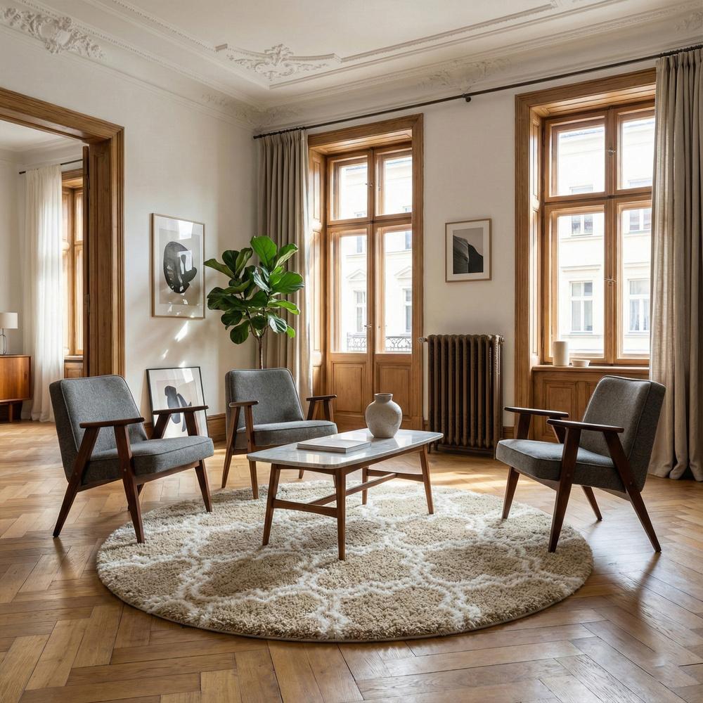 Dywan okrągły do salonu shaggy DECOR antypoślizgowy miękki puszysty 140x140 Khaki Lantern