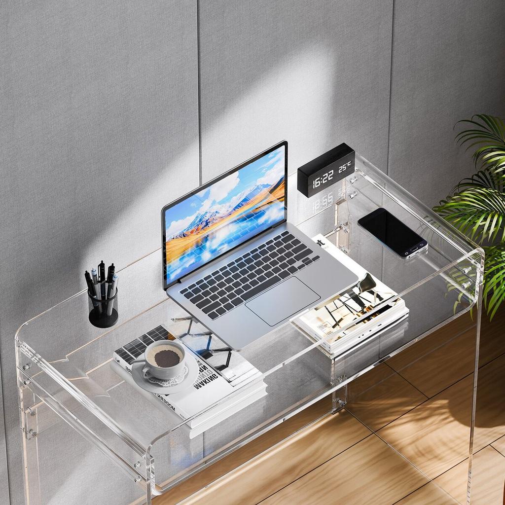 Acrylic Table, 2 Tiers Clear End Table with Storage Shelf, Modern Rectangle Acrylic Side Desk, Transparent Thick Desk Nightstand for Bedroom, Office,