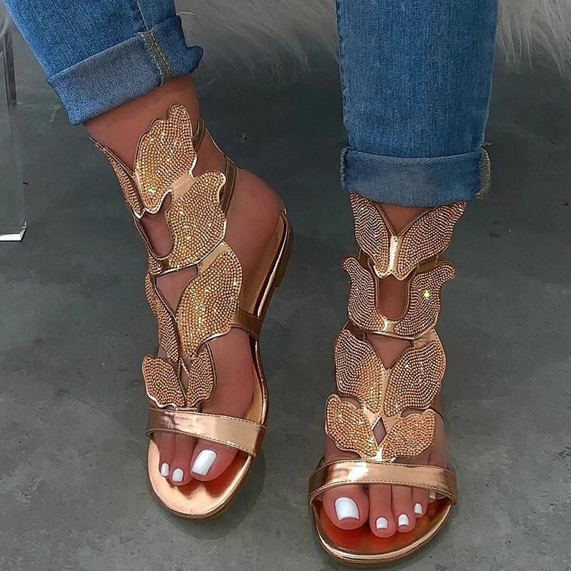 Fashion Summer New Europe and The United States Large Size Female Shoes Fish Mouth Rhinestone Female Sandals Butterfly Sandals