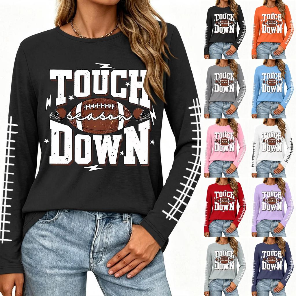 Casual Dames Top met Lange Mouwen, Rugbyprint, Ronde Hals en Gespleten Zoom voor Dagelijks Gebruik