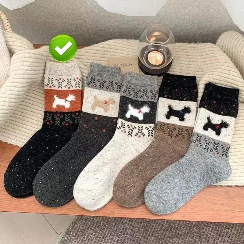 1/5pairs Plush Warm Puppy Socks Women Winter Color Block Mid Calf Soft Fluffy Fabric American Retro Cartoon Design Cozy Cotton