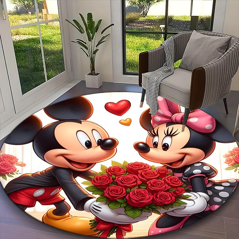 1pc Mickey And Minnie Red Hearts Floral Printed Chair Rug for Home Office Use, Living Room Kitchen Game Room Round Carpet