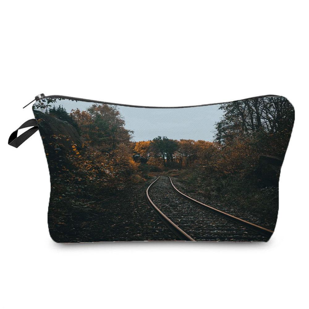 Women Railway Print Cosmetic Bag Toiletries Organize Travel Storage Case 6782