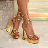 Elegant Gold/Black Metal Square Toe High Heels - Women's European & American Style with Sexy Cross Straps & Waterproof Platform Chunky Heel.