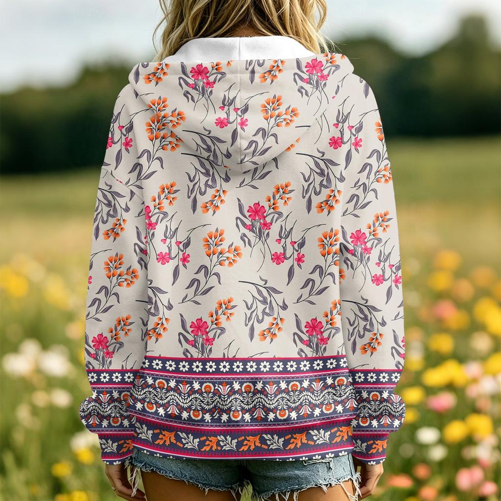 Women's Casual Floral Print Long Sleeve Hooded Jacket with Pockets and