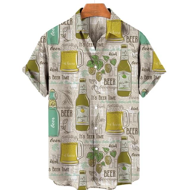 Camisetas Festival de Cerveza Harajuku para Hombre Estampado 3D Manga Corta Verano Estilo Hawaiano Playa Tops de Botón Único Solapa