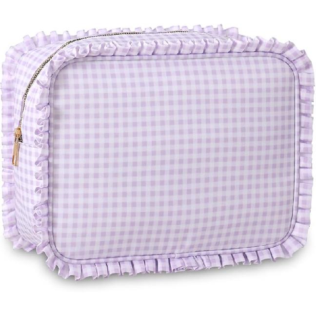 Stripe Ruffle Makeup Bag,Large Travel Cute Cosmetic Bag for Women Girls,Toiletry Bag Make Up Organizer 10.8 X 4.5 X 8 Inch (Blue Stripe)