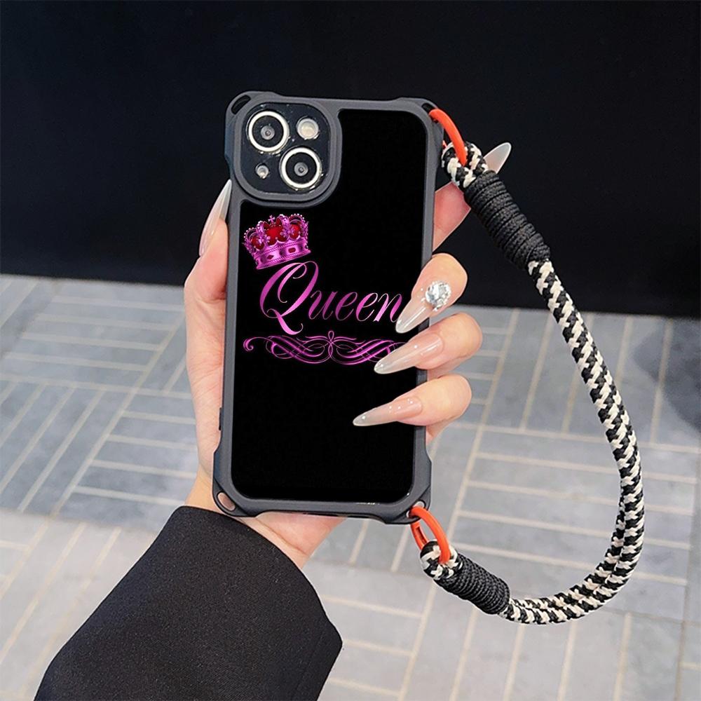 Ae84 King Queen Couple Art Soft Phone Cases for iPhone 16 15 14 13 12 11 Pro Max 8 7 Plus XR XS with Wrist Strap Lanyard Corner Protection Back Cover