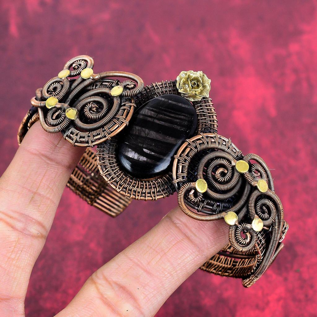 Hypersthene Bangle Copper Wire Wrapped Cuff Bracelet Adjustable Gemstone Bangle Copper Wire Wrap Jewelry Gift for Her Handmade Flower Bangle