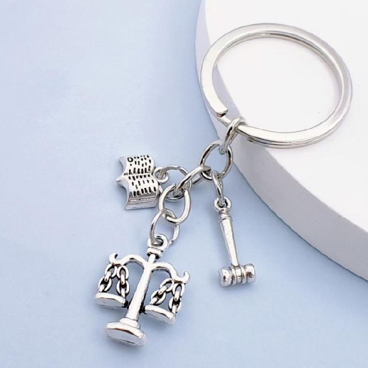 Decorative Keychain Charm for Legal Theme Carry, Silver Tone Scale Gavel Book Pendants on Zinc Alloy Key Ring for Daily Keys, Bags, and Desk