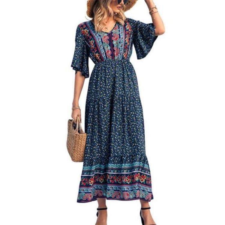 Summer Vacation Bohemian Dress Ethnic Style Patchwork A Line Maxi Dress Elastic Waist V Neck Short Sleeves Women Beach Dress Printing