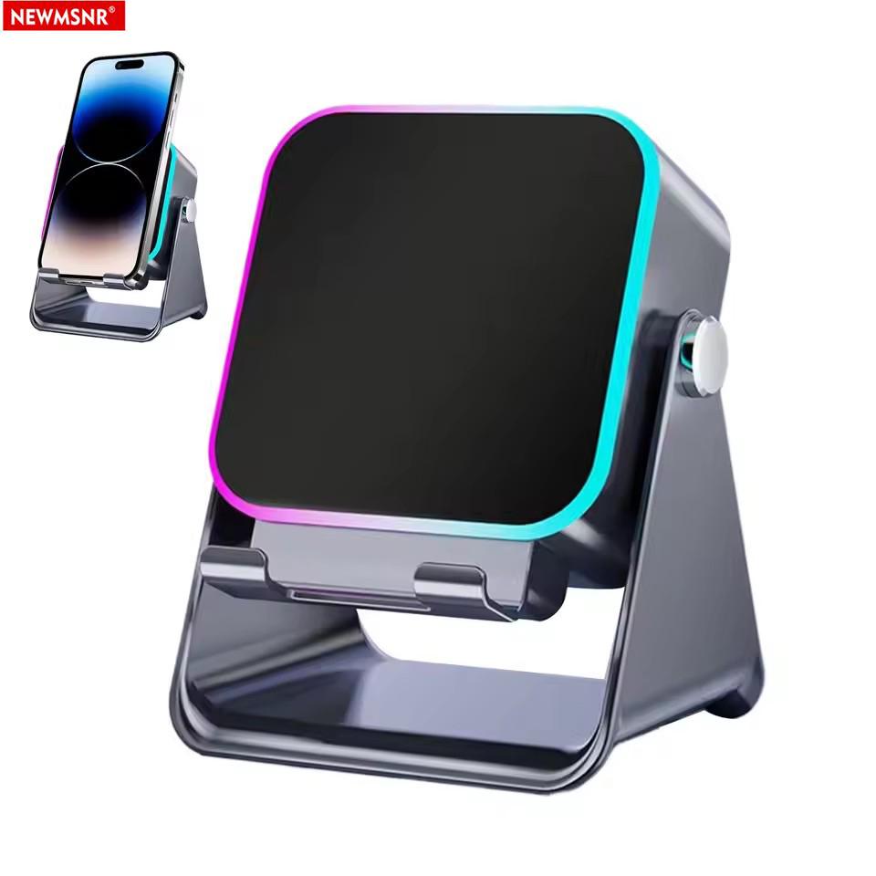 (améliorer)Haut-parleur à induction sans fil à auto-induction 5 en 1, support de téléphone avec 8 lumières RVB, son surround, support de téléphone Bluetooth portable