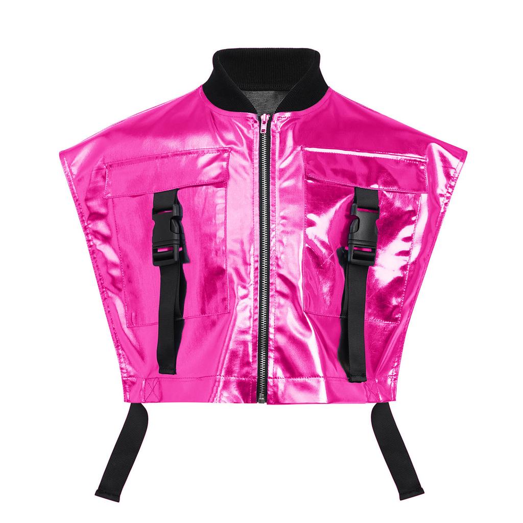 Girls Shiny Metallic Vest Sides Open Sleeveless Zipper Jacket Buckle Pockets Jazz Dance Costume