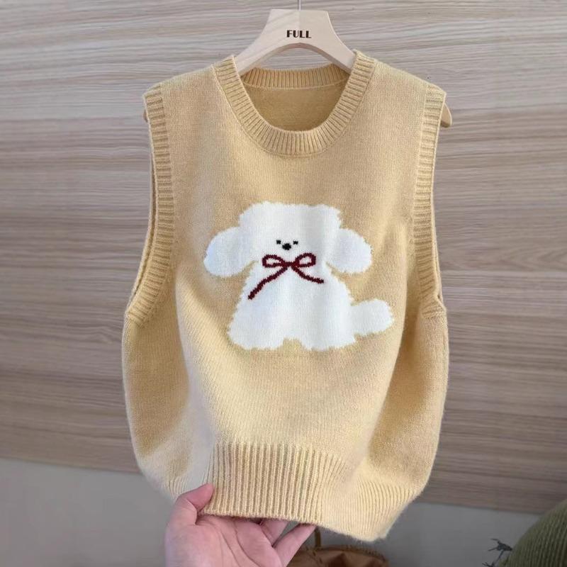 Autumn and Winter New Style Korean Cute Puppy Fashion Jacquard Women's Knitted Round Neck Pullover Vest Sleeveless Sweater