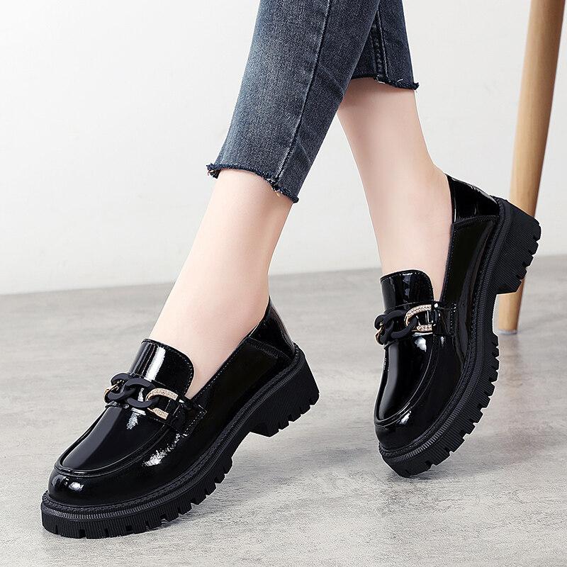 Dam Loafers Plattform Chunky Lady Summer Casual svarta läderskor