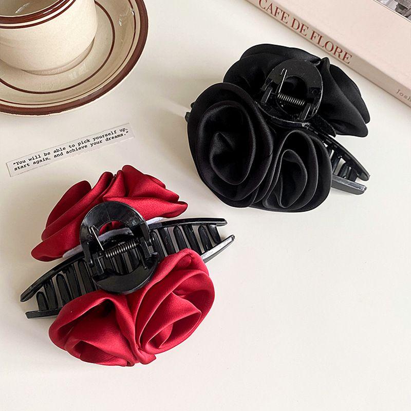 1pc High end satin rose flower claw clip temperament hair clip large elegant back of the head disheveled shark hair