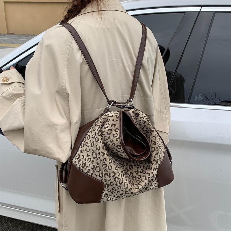 Vintage Leopard Tote Bag For Women Luxury Design Large Capacity Crossbody Bags Casual Fashion Splicing Backpacks