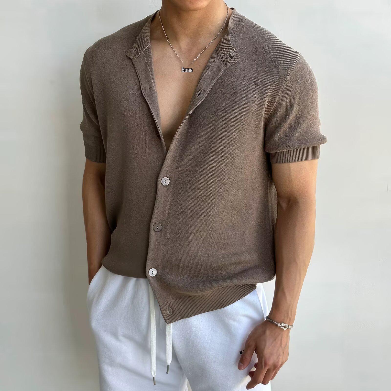 

Мужской модный трикотажный кардиган с коротким рукавом и круглым вырезом - Молодежный топ в гонконгском стиле XXXL кофейный