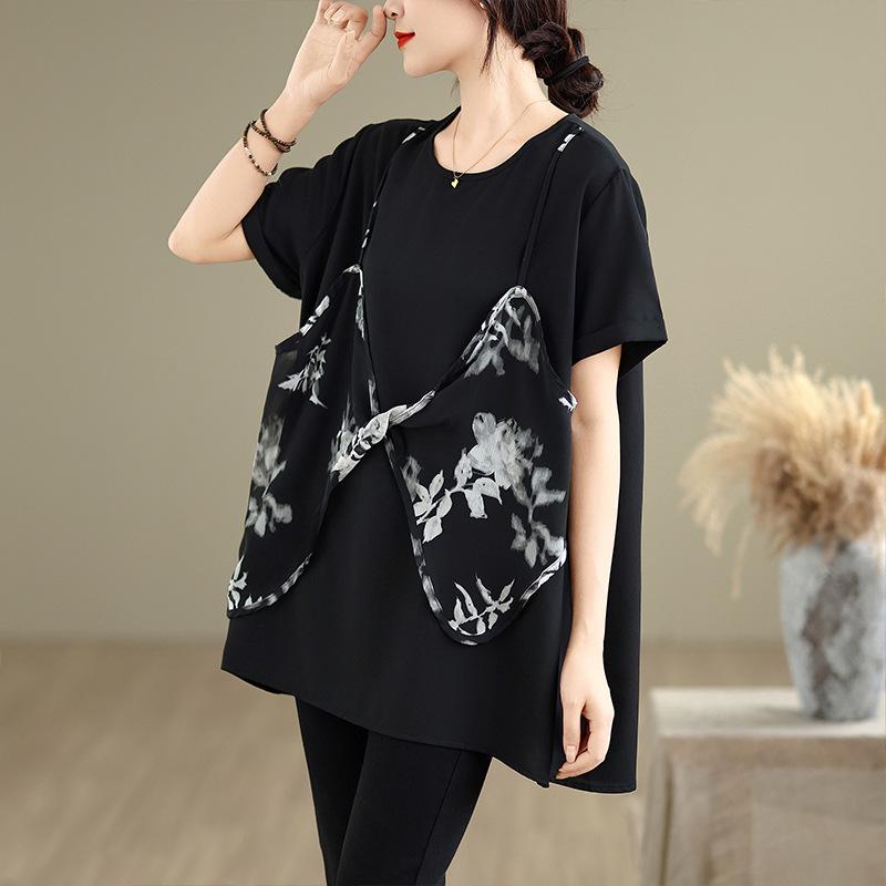 Elegant French Floral Camisole Sleeveless Loose Two-Piece Women s Summer Top Large чёрный