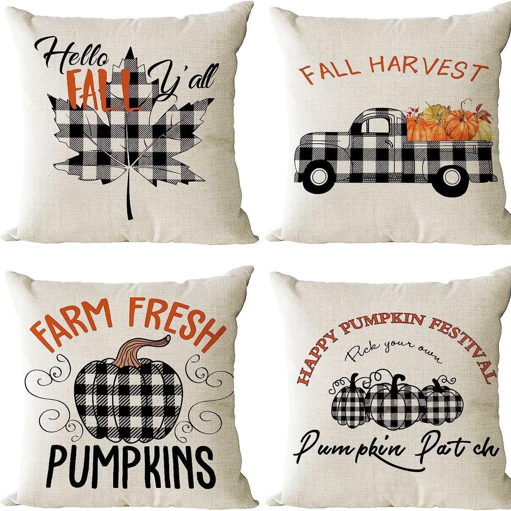 Autumn Pumpkin Maple Leaf Letter Printed Linen Pillow Case Thanksgiving Ambience Decorative Living Room Sofa Backrest Cushion