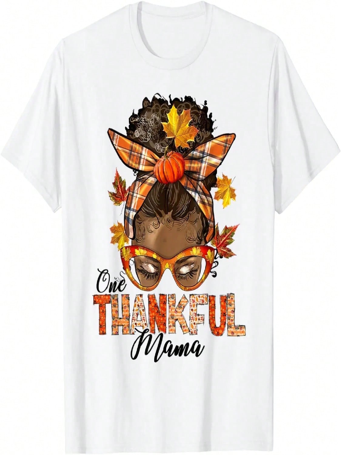 One Thankful Mama Black Messy Bun Fall Autumn Thanksgiving T-Shirt S разноцветный