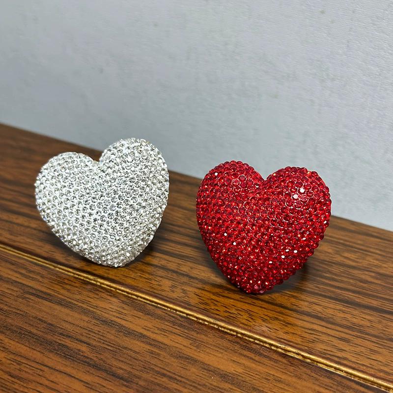Three-Dimensional Large Heart Rhine Stone Ring Women's INS Style Diy Handmade Ring Fashionable And Trendy Jewelry Accessory