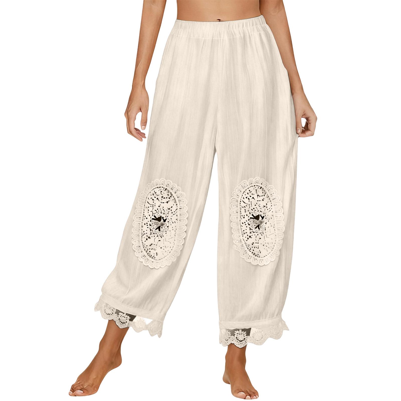 Fashionable Women s Heavy-duty Embroidery Nine Point Flower Pants, Retro Artistic Splicing Lace Waist Loose Casual Pants L